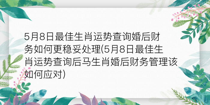 5月8日最佳生肖运势查询婚后财务如何更稳妥处理(5月8日最佳生肖运势查询后马生肖婚后财务管理该如何应对)