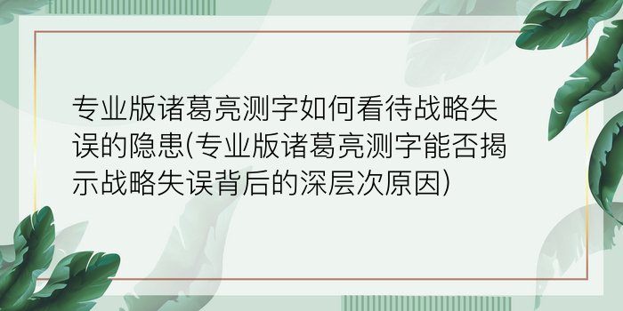 专业版诸葛亮测字如何看待战略失误的隐患(专业版诸葛亮测字能否揭示战略失误背后的深层次原因)