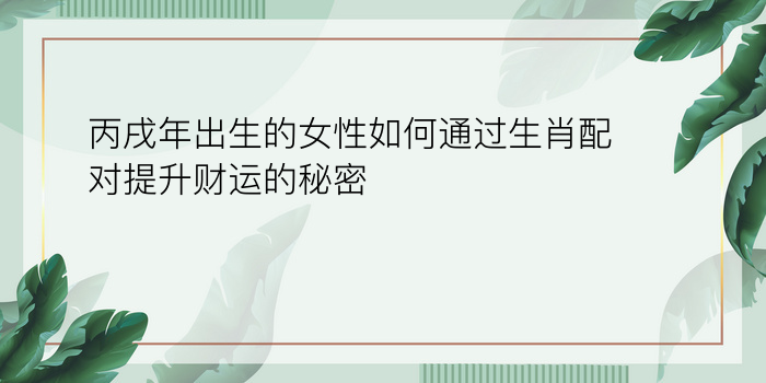 丙戌年出生的女性如何通过生肖配对提升财运的秘密