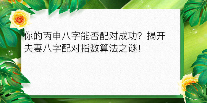 你的丙申八字能否配对成功？揭开夫妻八字配对指数算法之谜！