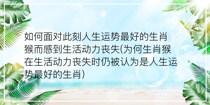 如何面对此刻人生运势最好的生肖猴而感到生活动力丧失(为何生肖猴在生活动力丧失时仍被认为是人生运势最好的生肖)