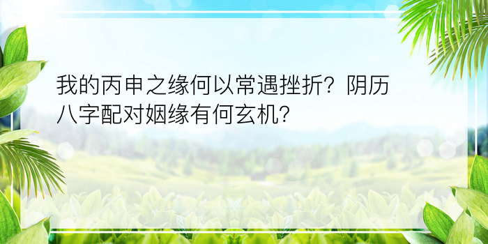 我的丙申之缘何以常遇挫折？阴历八字配对姻缘有何玄机？