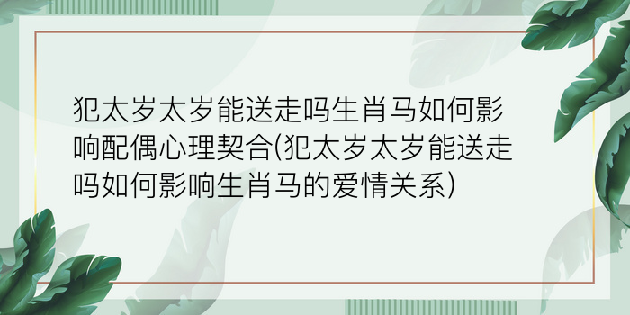 犯太岁太岁能送走吗生肖马如何影响配偶心理契合(犯太岁太岁能送走吗如何影响生肖马的爱情关系)