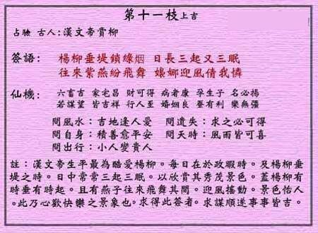 黄大仙灵签第11签解签:汉文帝赏柳